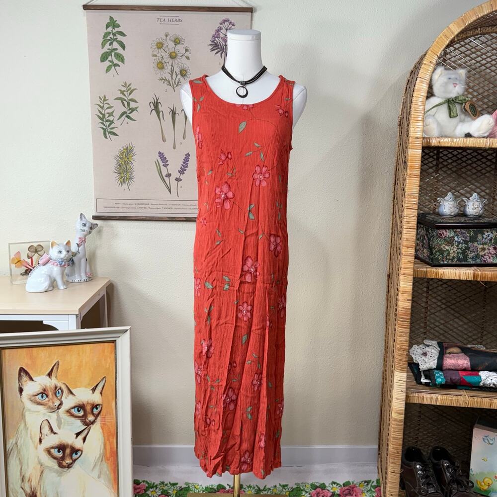 Vintage 90s Floral Crepe Sleeveless Midi Dress Fairy Cottage Coastal Grandma M